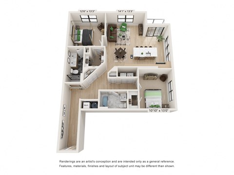 Floor plan for 2 beds, 2 baths, 1347 sqft